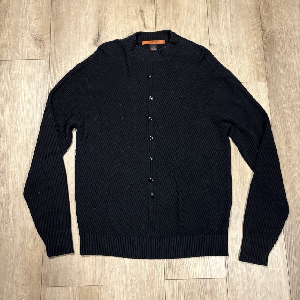Axis Sweater Mens Large Ribbed Black Silk Wool Crew Neck Long Sleeve Button
